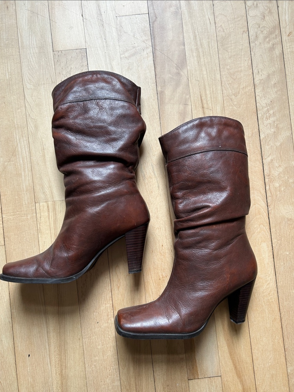 Women's Brown Leather Ruched Mid-Calf Heeled Boots